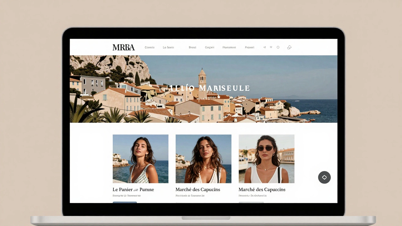 A minimalist website profile on a laptop showing a Marseille escort with local landmarks in background.