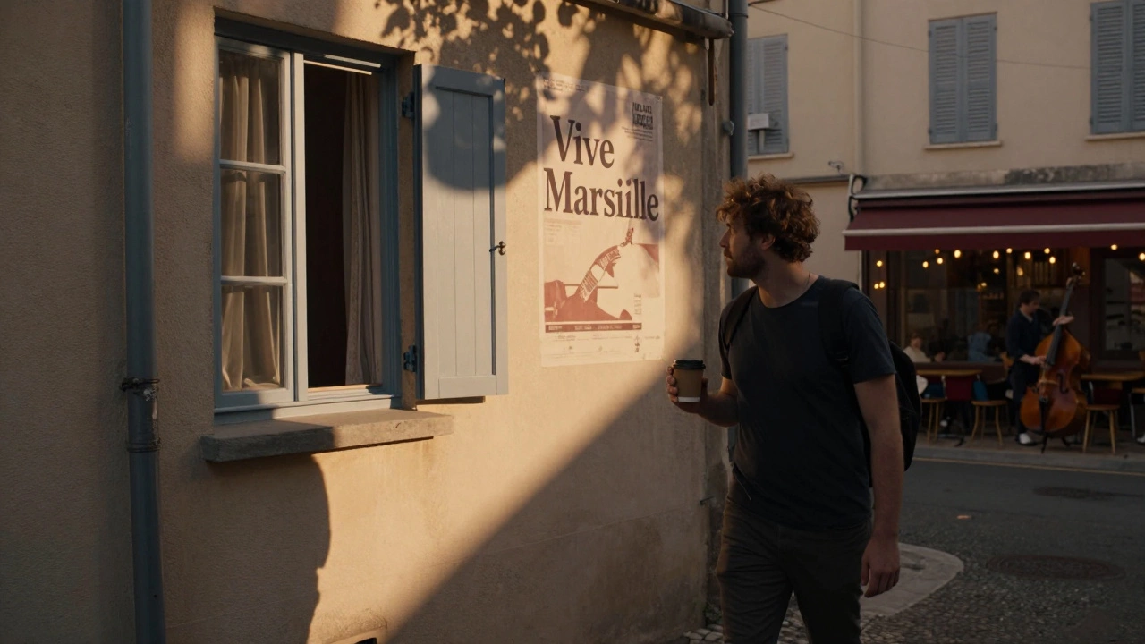 A solo traveler walking through sunlit alleys of Le Panier at dusk, hinting at quiet connection.