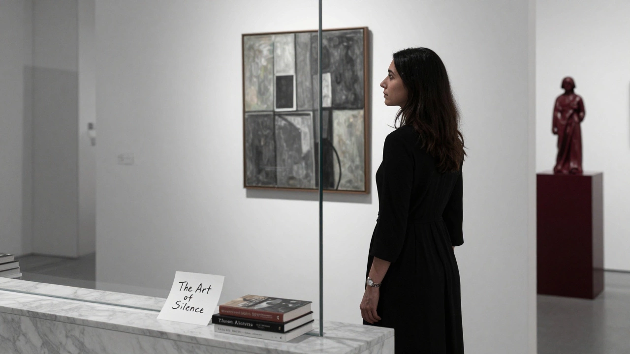 A woman reflects before an Emirati artwork in a quiet gallery, holding a handwritten note in her hand.