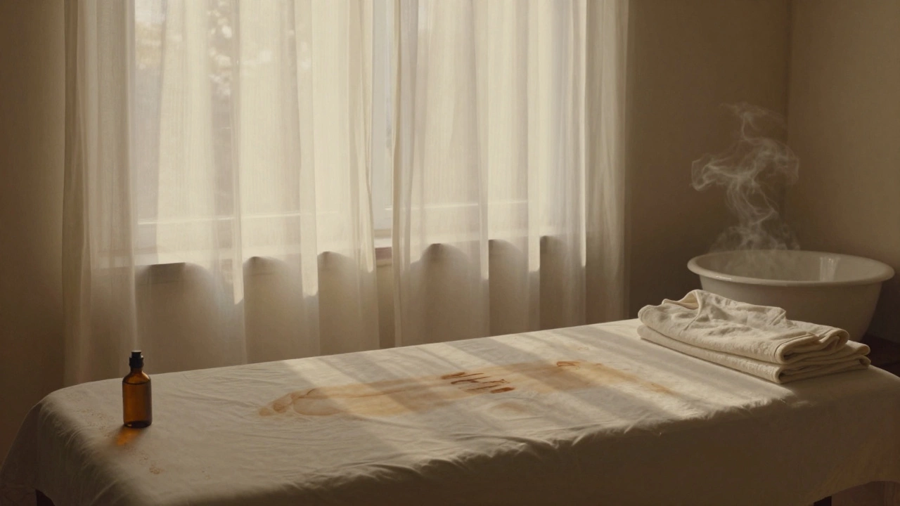 An empty massage table at dawn, still bearing the shape of a recent session, bathed in soft light.