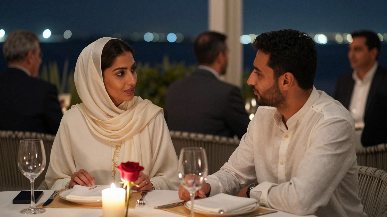 Two people share a quiet dinner in a luxurious Dubai restaurant, connected by presence, not words.